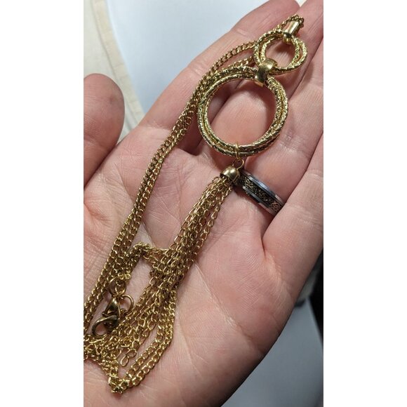 Elegant Double Ring Tassel Gold Tone Pendant Necklace - Picture 3 of 6